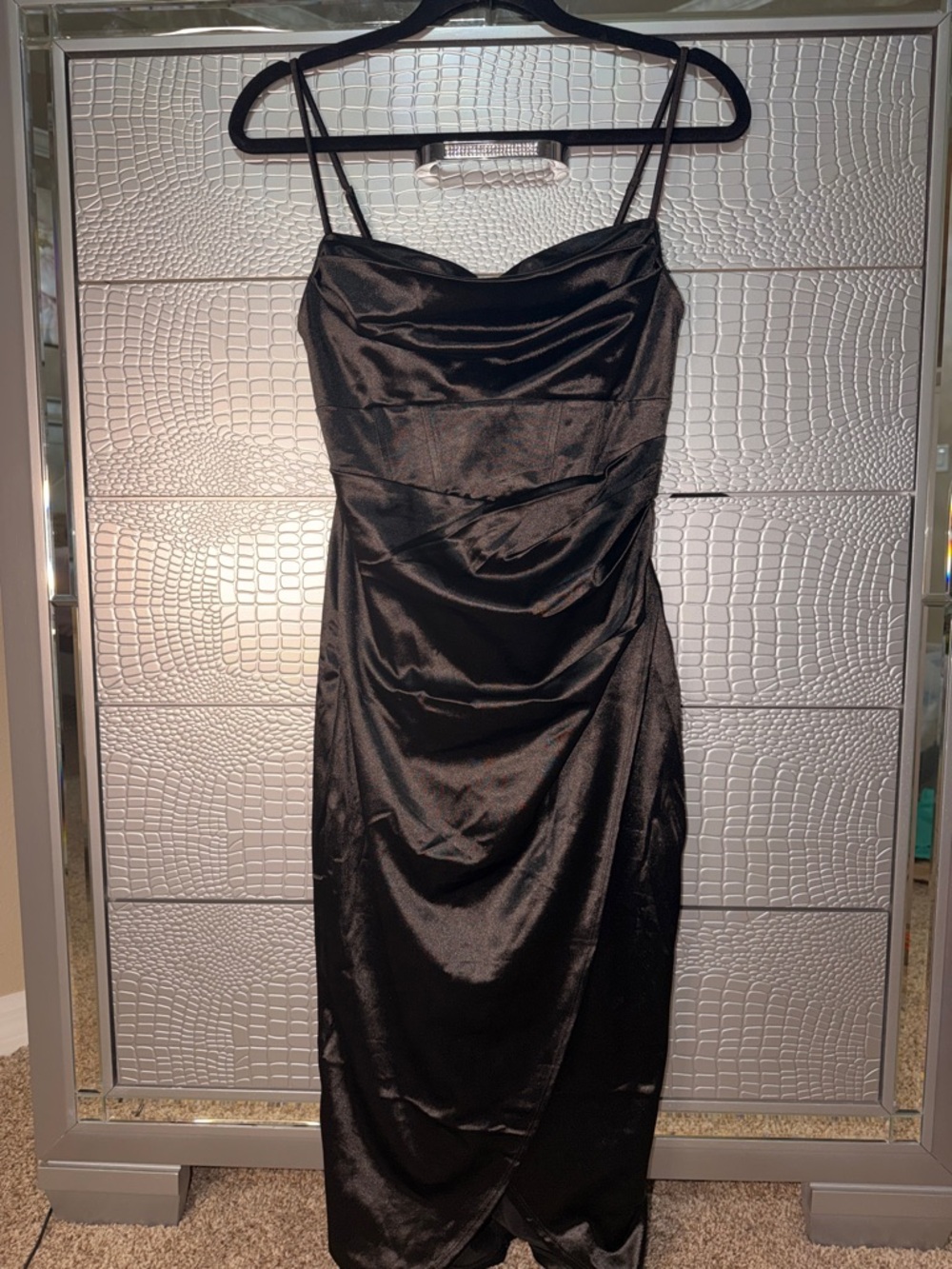 Windsor Black Satin Midi Slip Dress with Spaghetti Straps